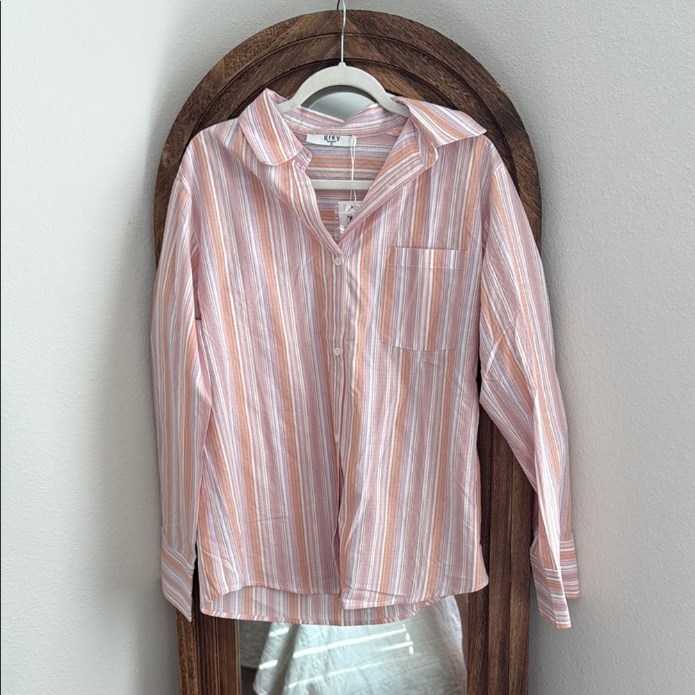 Striped Button Down Shirt - Pink and White